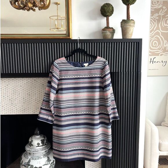 J. Crew Dresses & Skirts - J.Crew Printed Gallery Shift Dress 12P Navy Pink Geometric Stripe Zip Back Blue